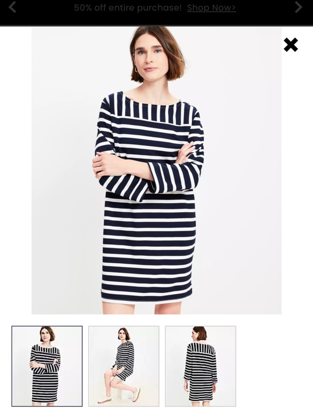 LOFT Navy & White Striped Boatneck Mini Dress